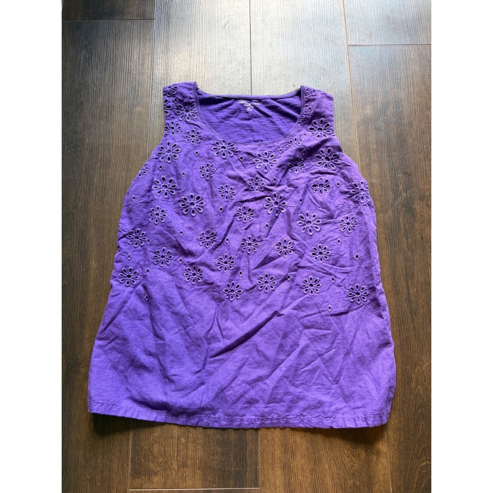 Coldwater Creek Purple Floral Eyelet Linen Blend Sleeveless Top M 10-12
